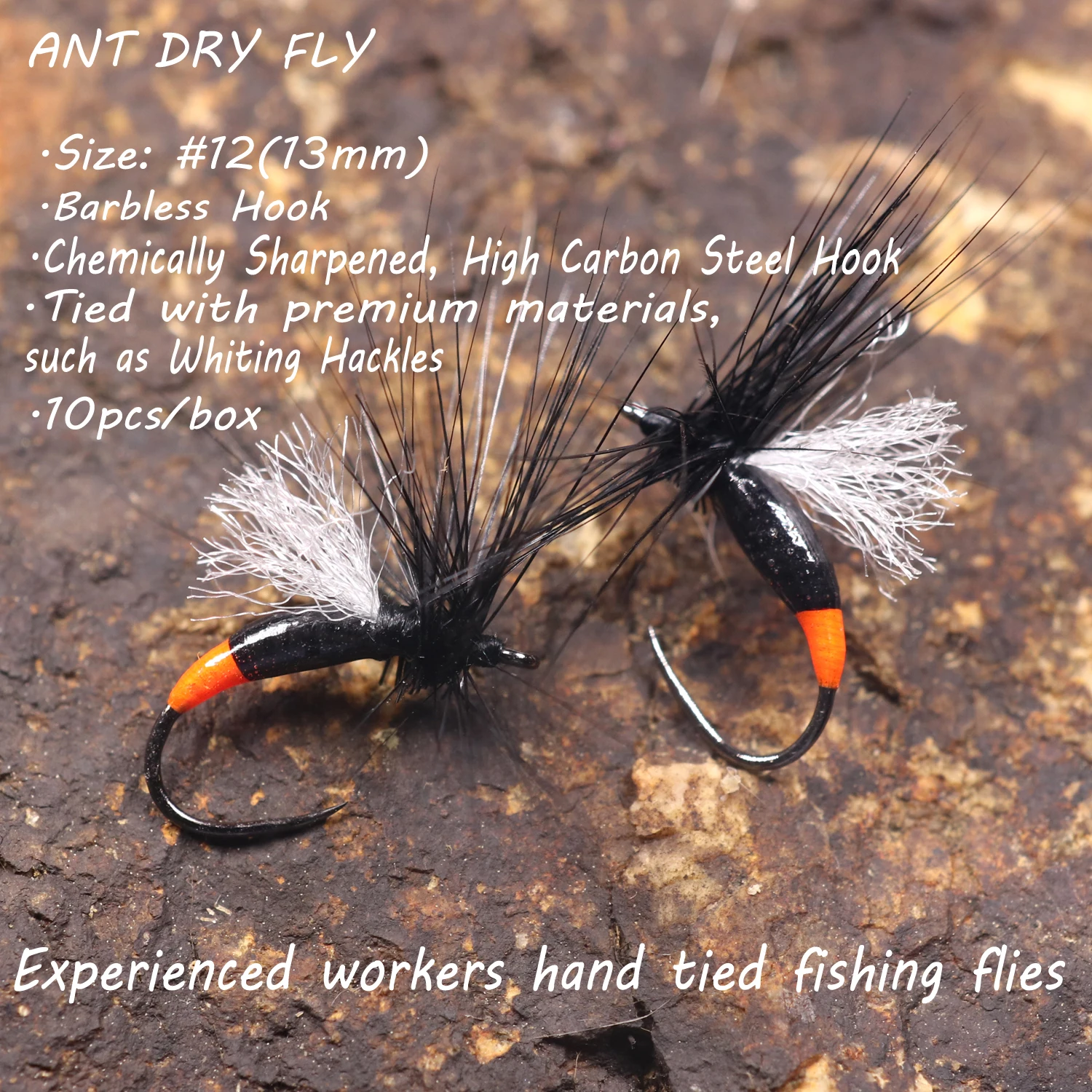 Bimoo 10PCS Tamaño # 12 moscas de pesca con mosca seca de hormiga negra con alas para pesca de trucha de río rochoso, señuelos de cebo Artificial - imagen 3
