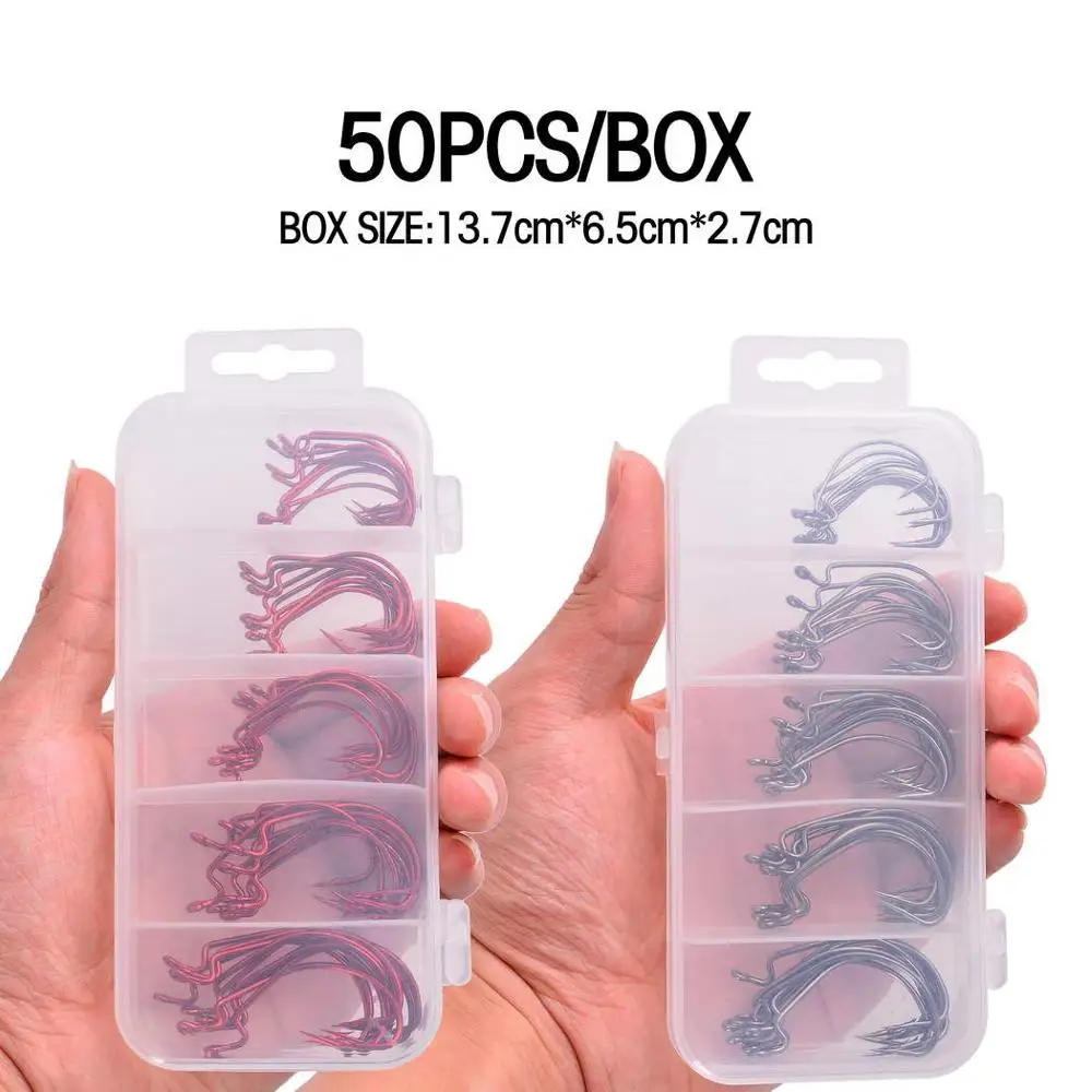 Anzuelo de Pesca de 50 unids/caja 2 #1 #1/0 #2/0 #3/0 #, gancho de manivela para gusano blando, cebo, Crankbait, accesorios de aparejos de Pesca - imagen 3