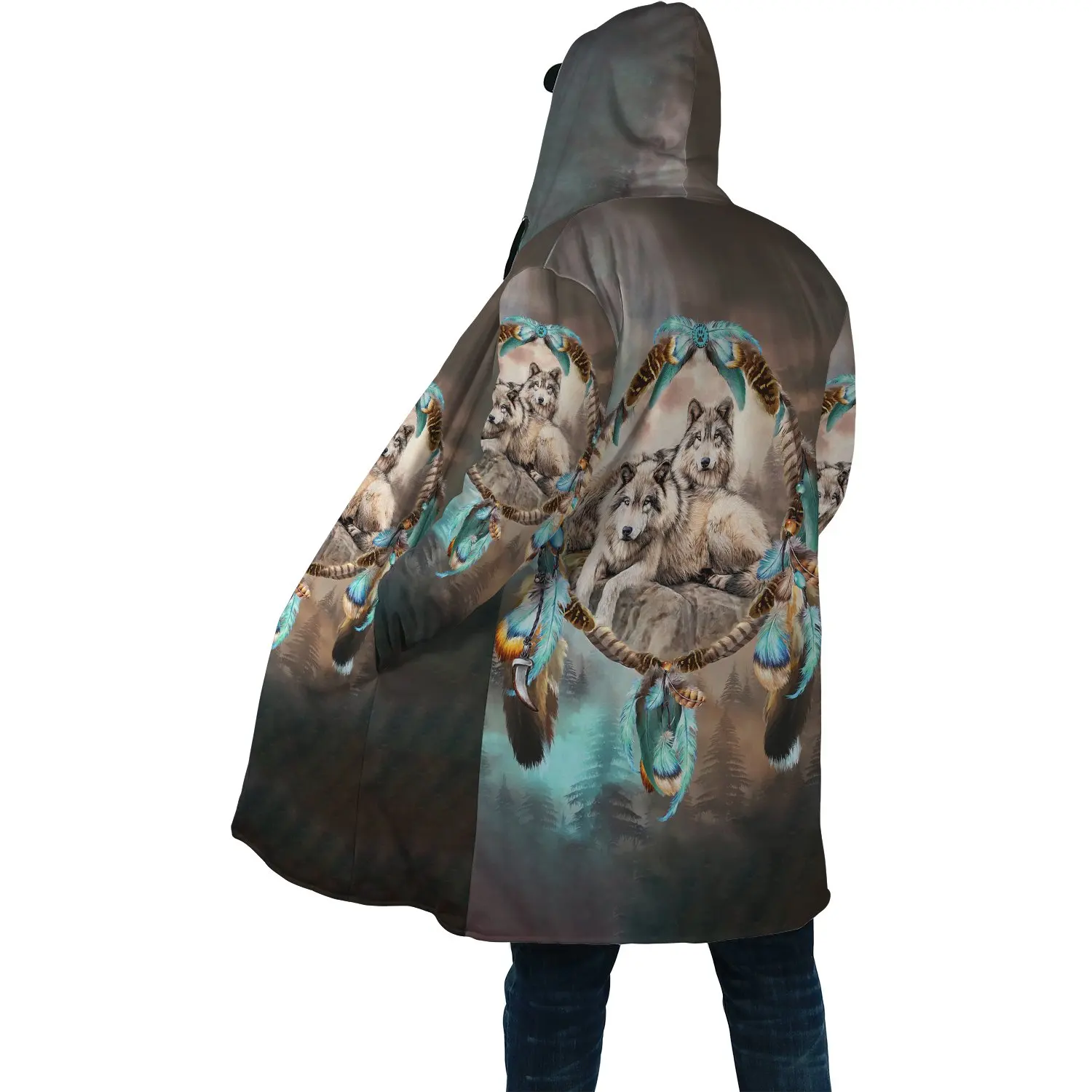 Capa de invierno para hombre, abrigo con capucha de lana gruesa con estampado completo de lobo nativo Tribal, Unisex, informal, cálido, DP16, 2021 - imagen 3