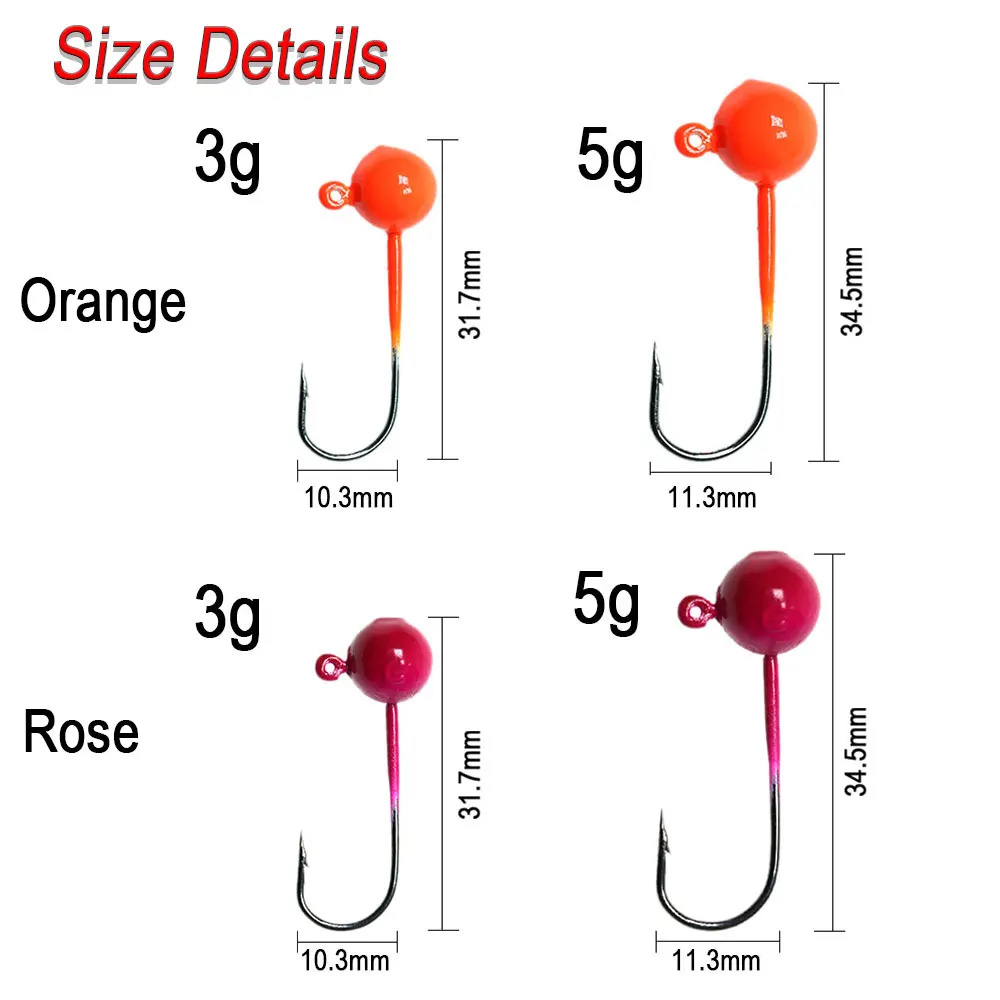 ICERIO 10 Uds 3g 5g forma redonda ponderada pintura recubierta de UV cabeza de plantilla gancho de pesca con púas anzuelo de señuelo de gusano suave naranja rosa