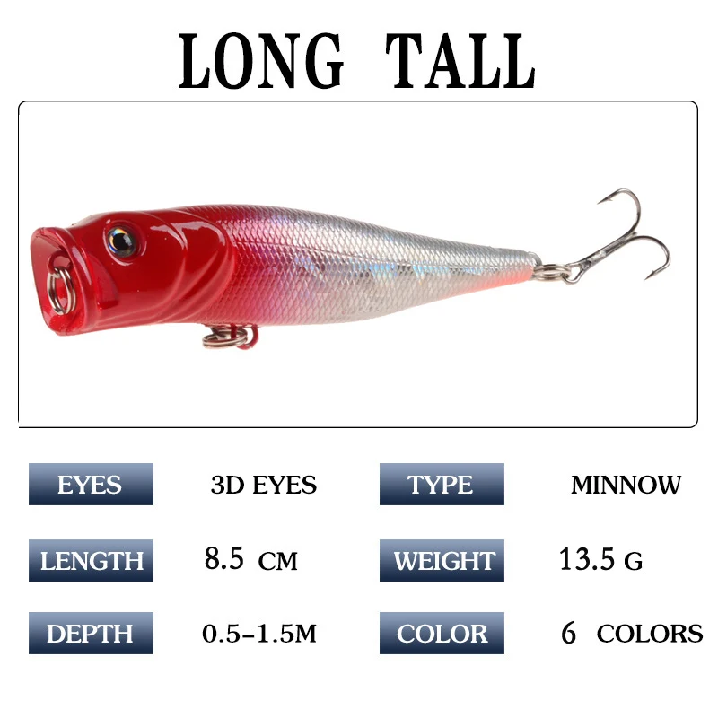 Señuelos de Pesca 8,5 cm 13,4g Topwater Popper, cebo duro de 6 colores, Wobblers artificiales, aparejos de pesca de plástico con ganchos 6 #