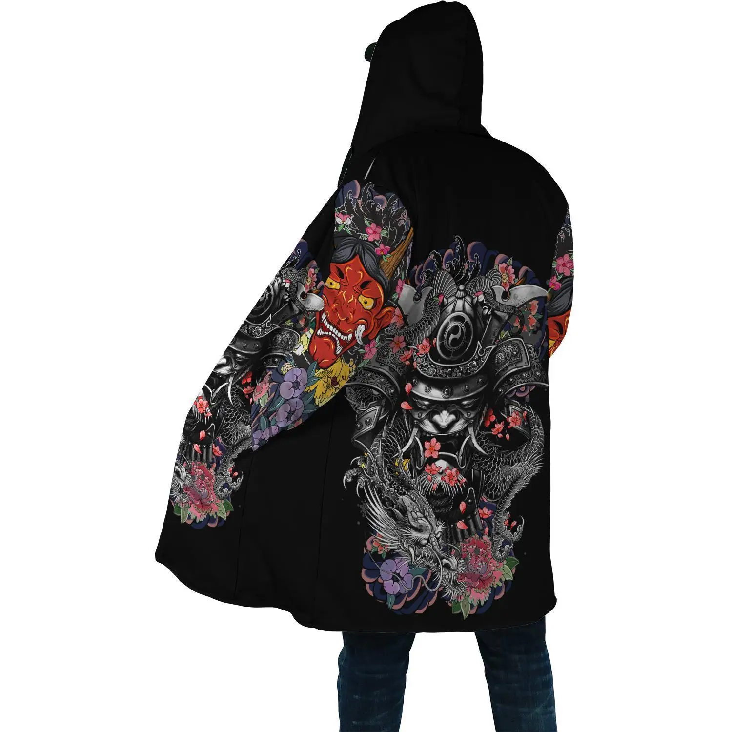 Capa de moda de invierno para hombre, capa con capucha de lana gruesa con estampado 3D de tatuaje de samurái, Geisha y León, capa cálida informal Unisex DP07 - imagen 3