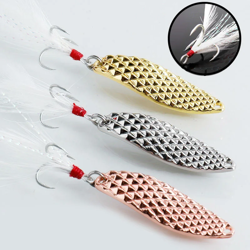 Señuelos de pesca con cuchara giratoria de Metal, cebo Artificial dorado y plateado con anzuelo triple de plumas, trucha, Lucio, lubina, 7g, 10g, 15g, 1 Uds. - imagen 3