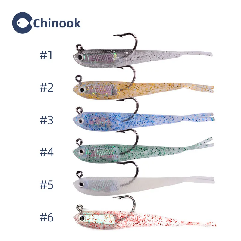 Chinook 5 uds señuelo cebo suave gancho superior SoftFish cola dividida plástico suave silicona articulado Swimbait con ganchos cola de cinta - imagen 3