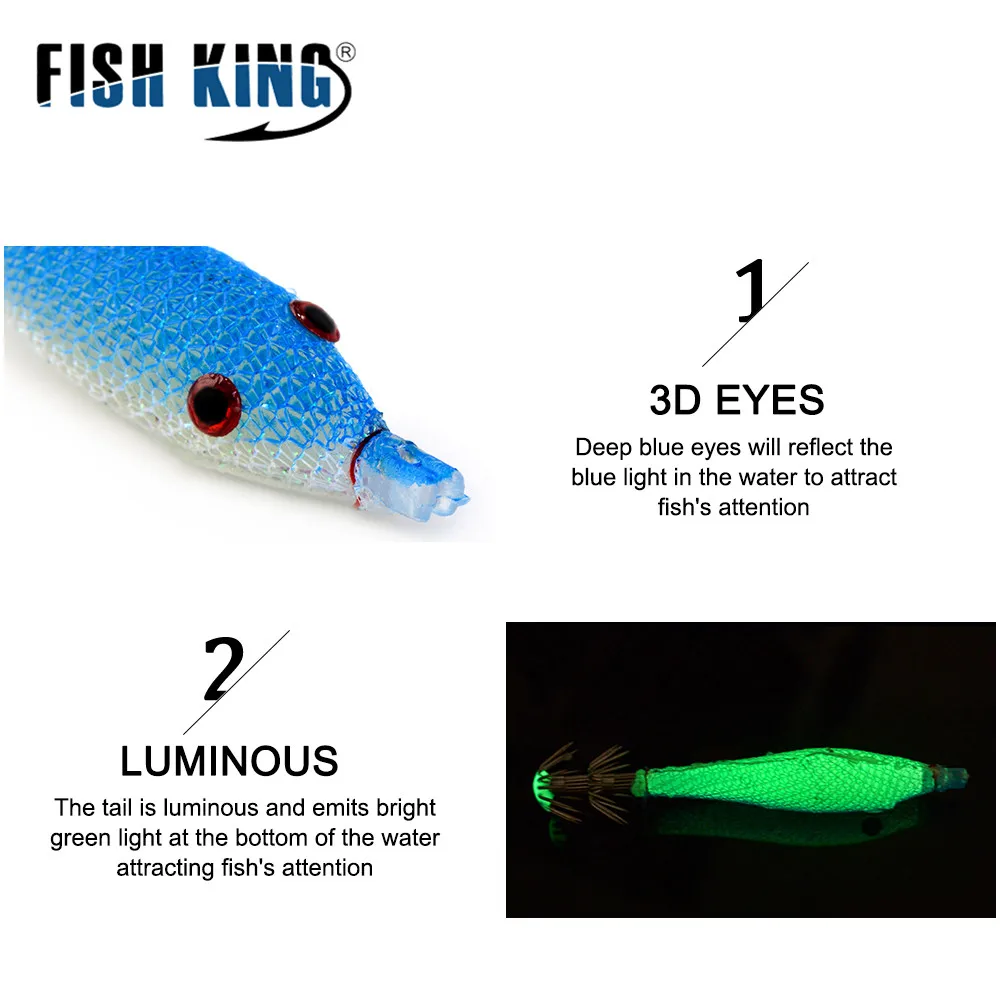 FISH KING 5 uds plantilla de calamar señuelo de pesca suave camarones de madera ojos 3D 7,8g 7cm anzuelo de calamar cebo Artificial pulpo pesca en el mar - imagen 5