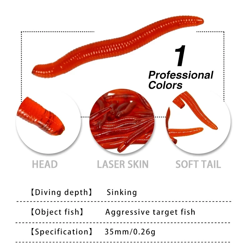 50 Uds. Señuelo de pesca, lombriz de tierra, olor a pescado, cebo suave de 3,7 cm, cebo falso de gusano de sangre artificial, cebo de gusano, pesca en mar, cebo de carpa cruciana