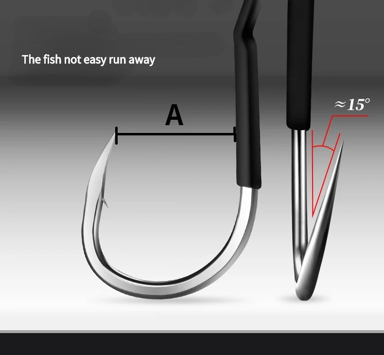 El gancho de pescado está diseñado para una captura segura con un ángulo agudo y una construcción duradera