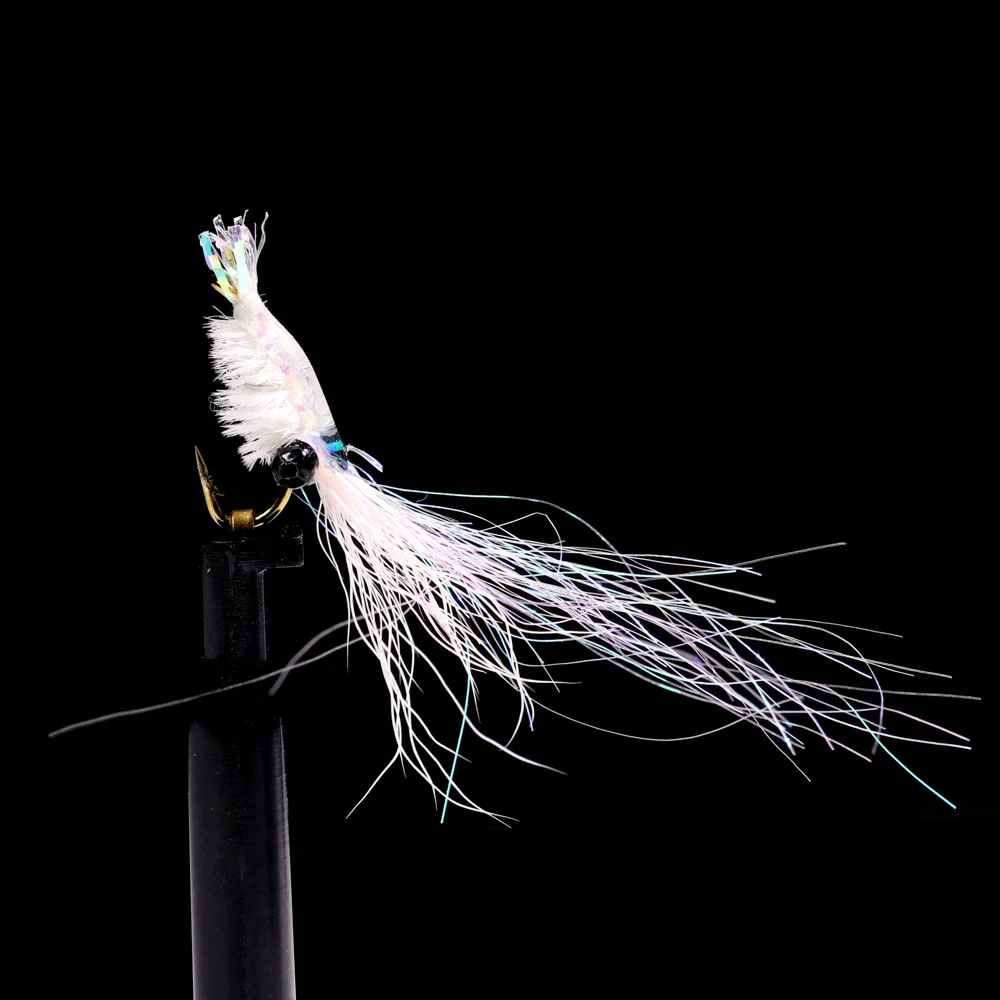 Bimoo 4PCS Blanco # 4~ # 16 Mini camarones sal mosca lubina Steelhead trucha salmón moscas Ninfa mosca para pesca con mosca de agua dulce de agua salada - imagen 5
