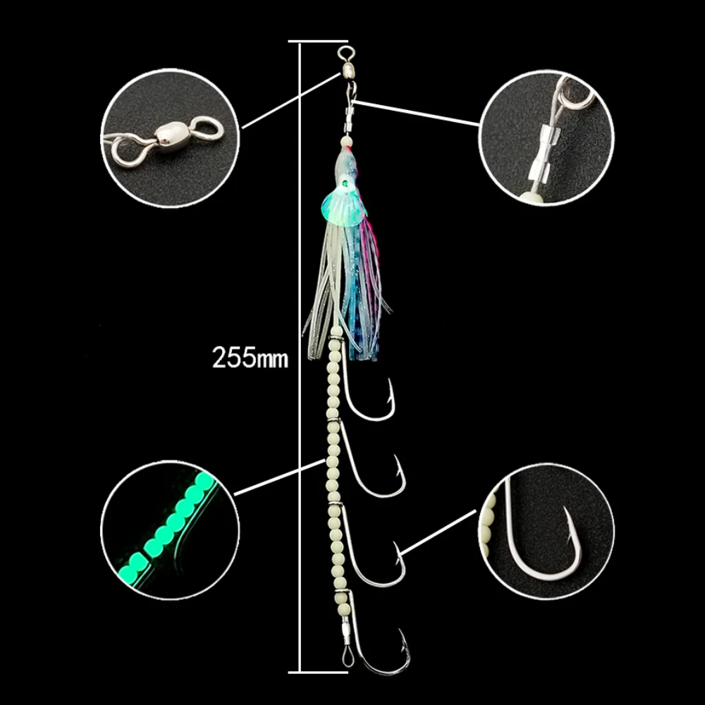 Gancho de cadena brillante para pesca en el mar, 1 bolsa = 4 ganchos, ganchos de púas, cebo de alimentación luminoso, productos Luya de acero al carbono, accesorios afilados