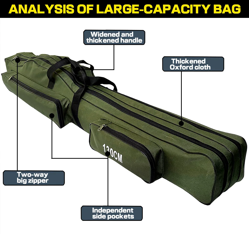 Un bolso de gran capacidad en el que destacan varias características. Estas características incluyen:

1. Asa ensanchada y engrosada para transportar.
2. Tela Oxford espesa, que probablemente sea un material duradero utilizado para la construcción de la bolsa.
3