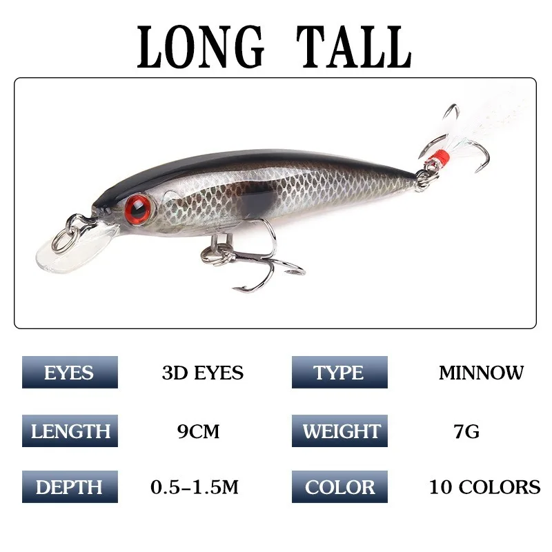 Señuelo de Pesca de pececillo artificial, cebo duro de pluma de 9cm y 7g, Wobblers Crankbait de Japón, 1 piezas