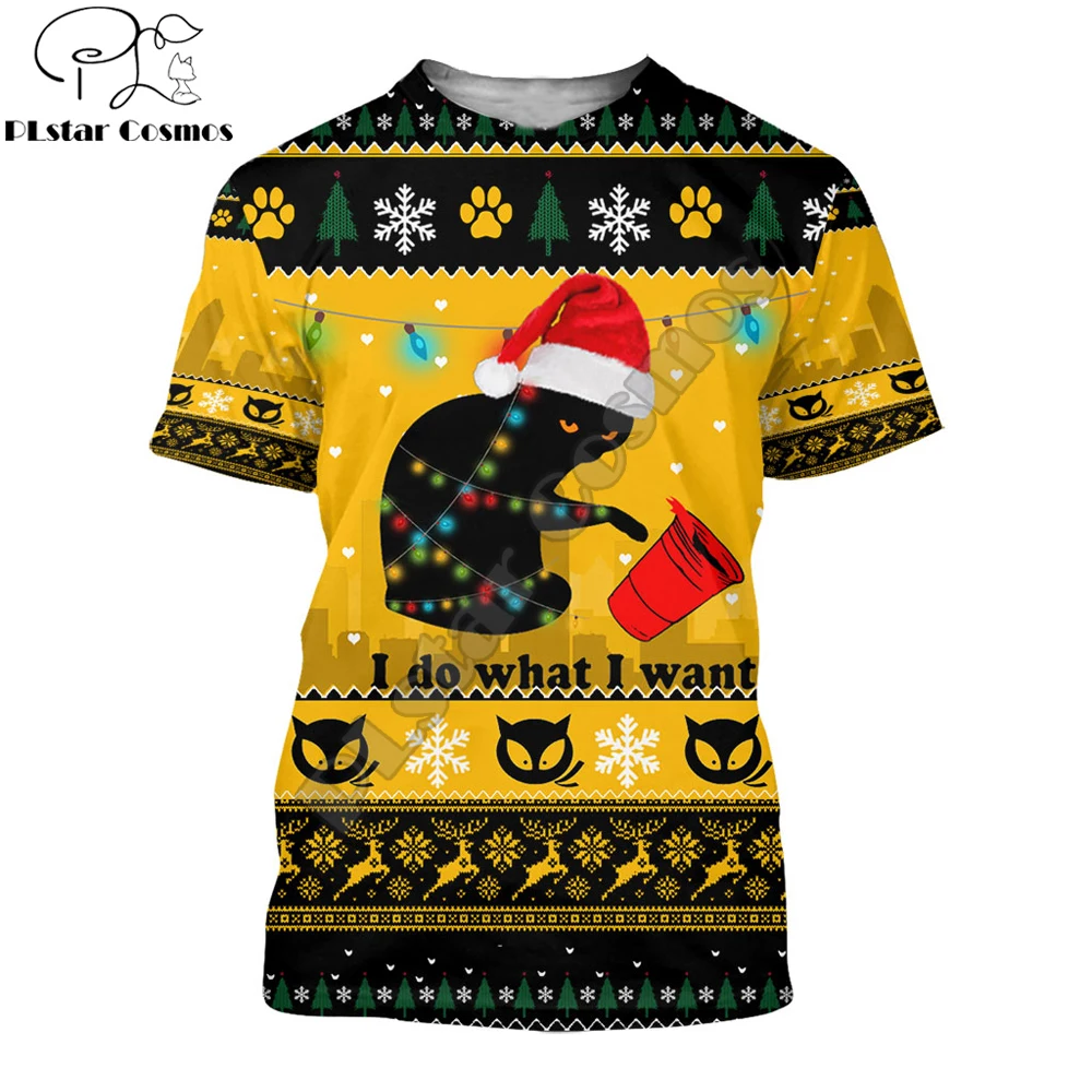 Feliz Navidad gato negro 3D completamente estampado camiseta para hombre Cool verano moda Unisex Camiseta de manga corta Casual camisetas TX248