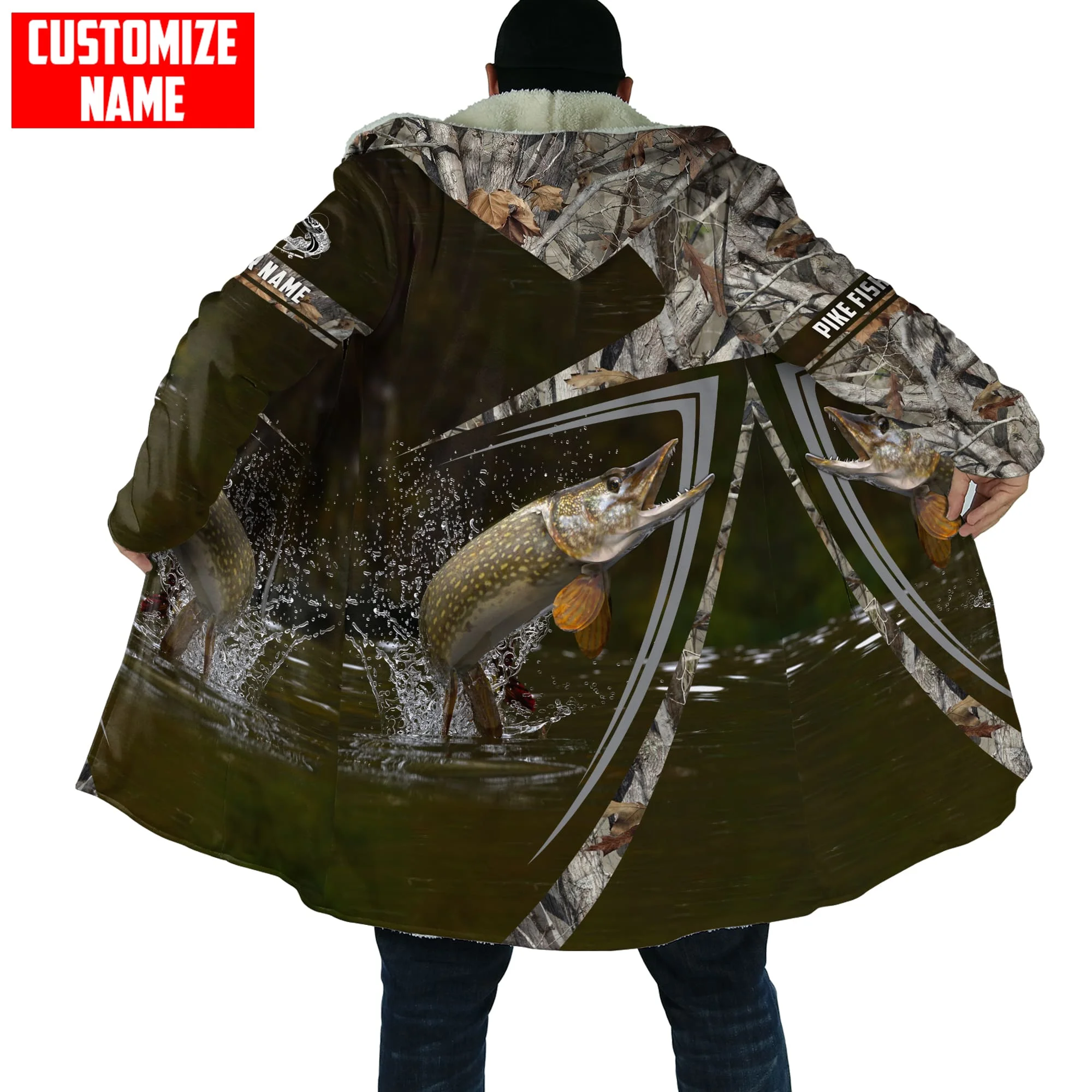 Capa de invierno para hombre con nombre personalizado, piel de pesca de trucha, camuflaje, estampado 3D, Abrigo con capucha de lana gruesa, capa cálida informal Unisex DP18 - imagen 5