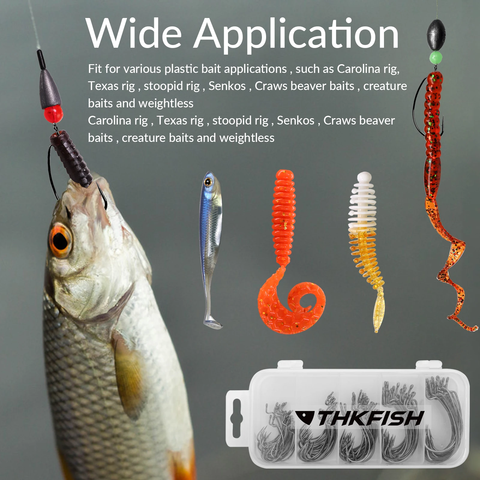 THKFISH 50 Uds ganchos compensados para señuelos blandos Texas Rig Drop Shot ganchos # 2- # Anzuelos de gusano con púas de manivela ancha de níquel negro 3/0 - imagen 3