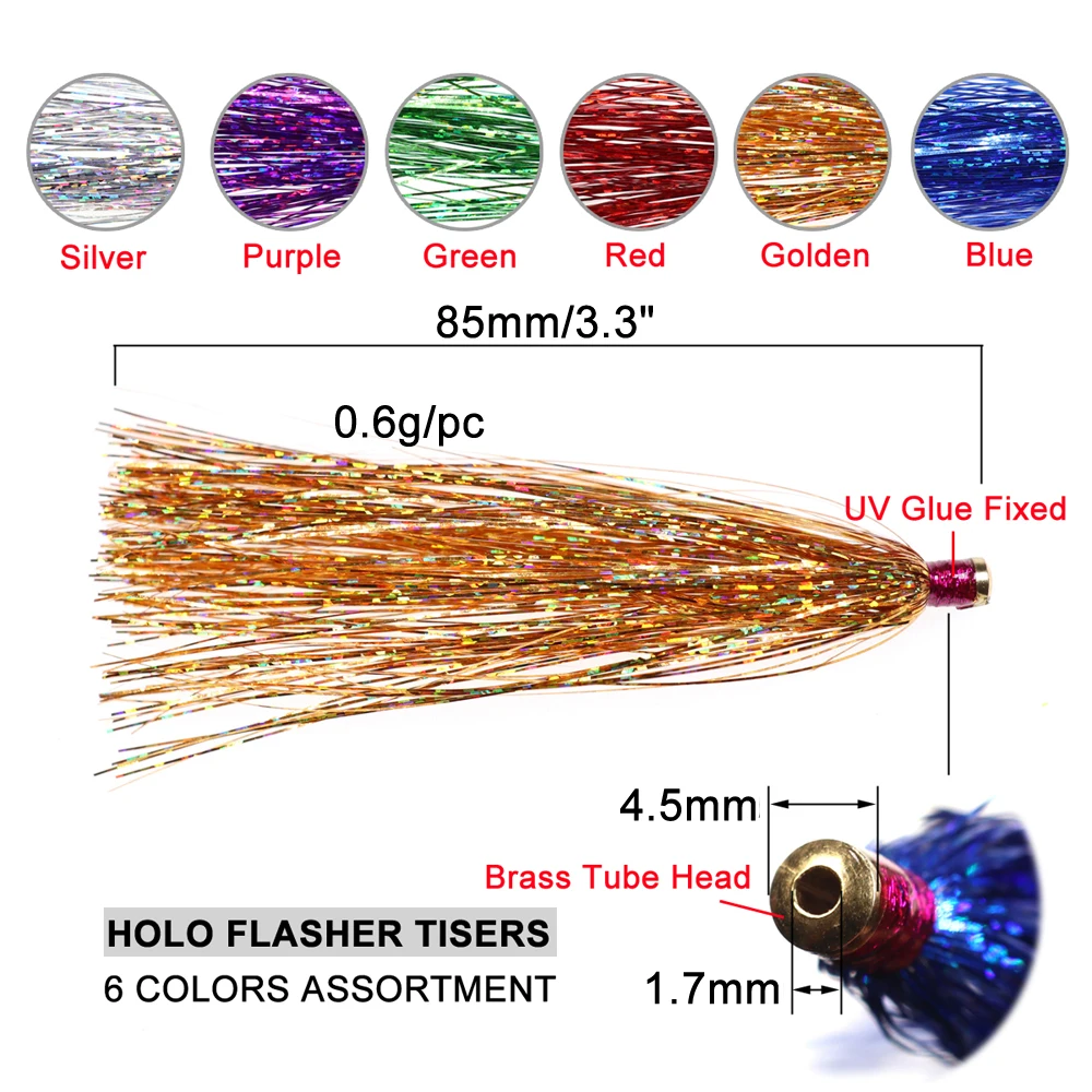 Ellllv 6 uds 3,3 "Holo Mylar Flash tubo deslizante Teasers Fly Seabass Fluke señuelo de pesca cebo plata púrpura verde rojo oro azul - imagen 3