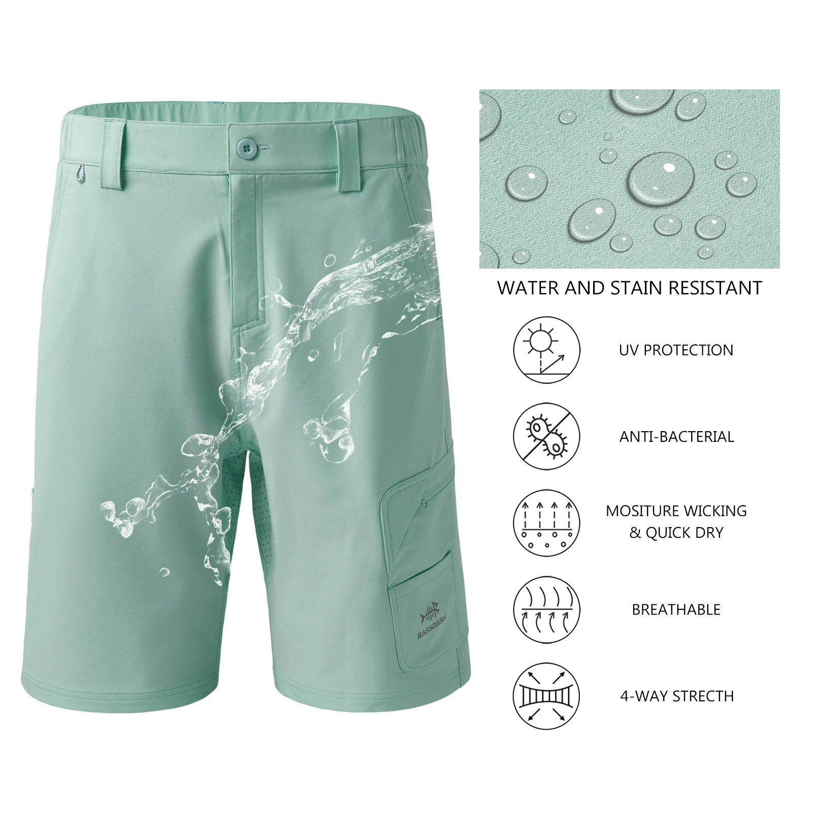 Bassdash FP01M 26,67 cm Inseam pantalones cortos de carga de pesca para hombre, secado rápido UPF 50 + resistente al agua