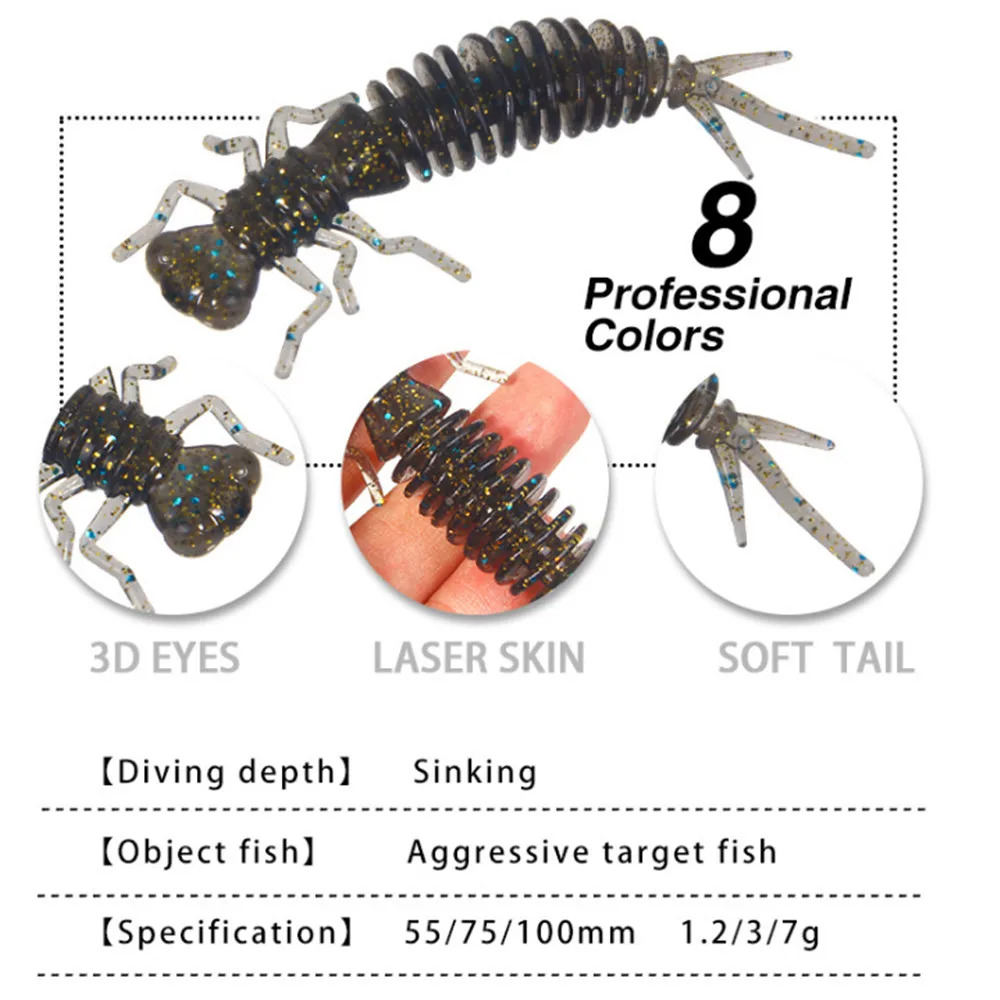 Wobblers Señuelos de Pesca blandos de Larva, 55mm, 75mm, 100mm, Swimbait, cebo Artificial de silicona suave, Lucio, Pesca de carpa, 6 unidades por lote - imagen 4