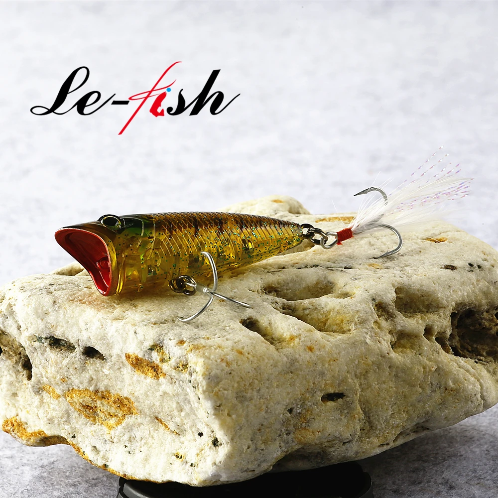 Le fish-Señuelos de Pesca de plástico duro, cebo Artificial de 60mm, 8,4 gTopwater Popper con pluma, anzuelo triple - imagen 4