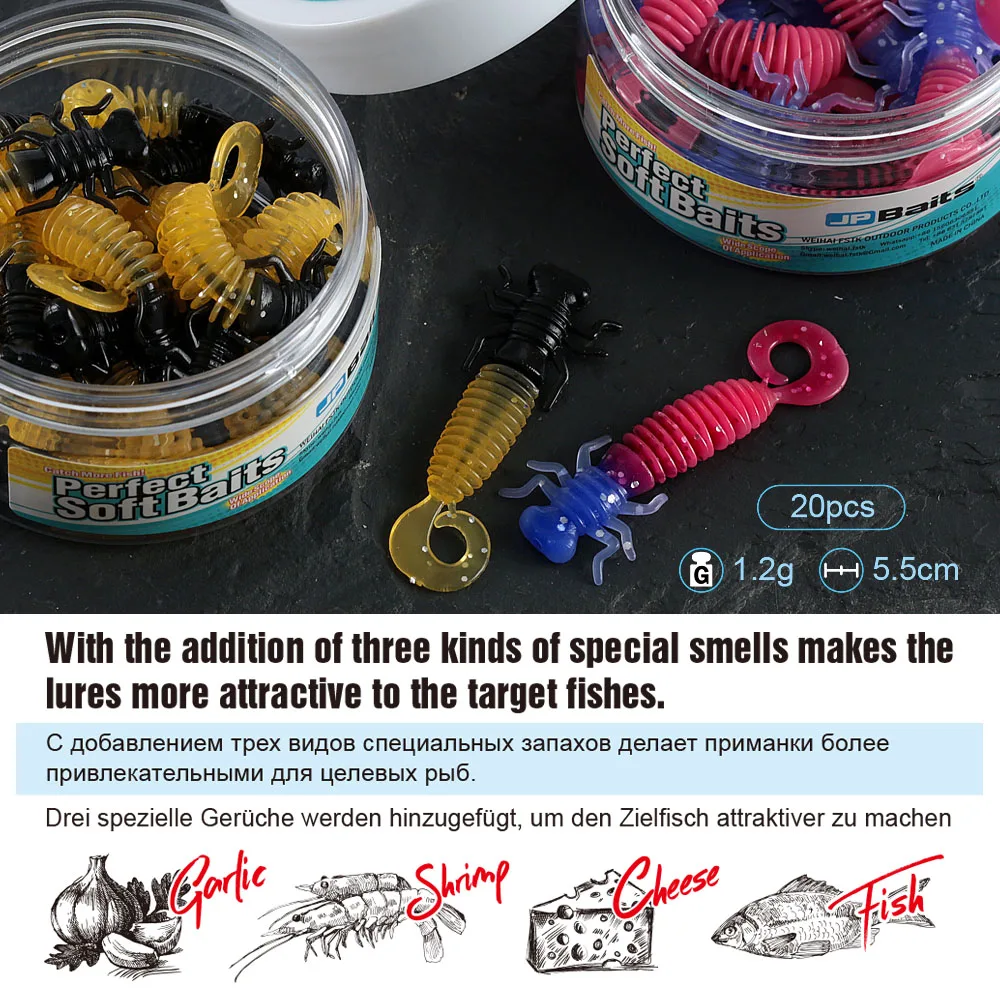 Larva-SEÑUELOS blandos de pesca de 55mm, 20 unids/lote, TPR, señuelo artificial para pesca de lubina, perca, trucha, swimbait suave, Señuelos de Pesca de plástico 2020, cebo de gusano - imagen 3