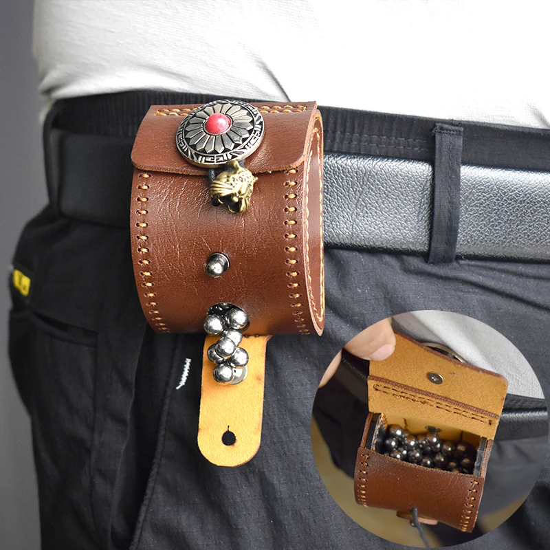 Bolsa de bola de acero Vintage para caza, accesorios de tirachinas duraderos profesionales, Material de cuero negro/marrón, novedad - imagen 4