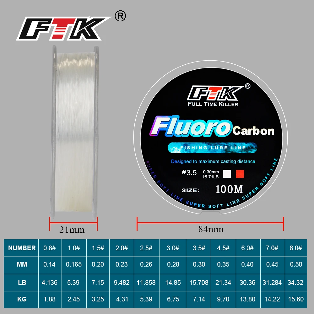 FTK-sedal de Señuelos de Pesca de fluorocarbono, 100m, 4,13-34,32LB, líder de fibra de carbono, línea de Pesca con mosca súper suave