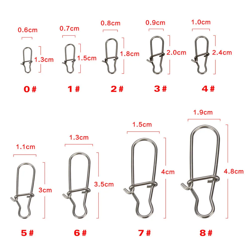 50/100 piezas de acero inoxidable 0 # -8 #   Mezcla de conector de pesca, bloqueo de Clip rápido, anillos giratorios sólidos, broches de seguridad, herramienta de gancho de pesca - imagen 2