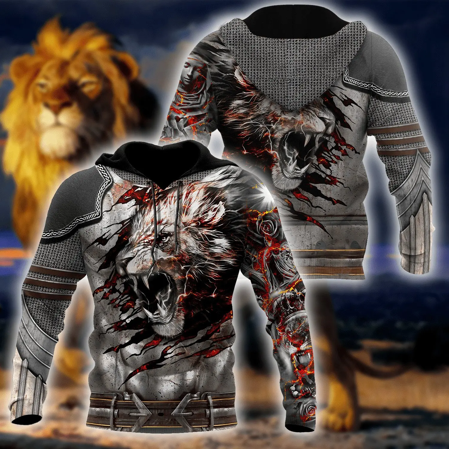 Hermoso tatuaje de León de Amor 3D completamente estampado hombres otoño Sudadera con capucha Unisex Sudadera con capucha jersey con cremallera ropa de calle Casual KJ470
