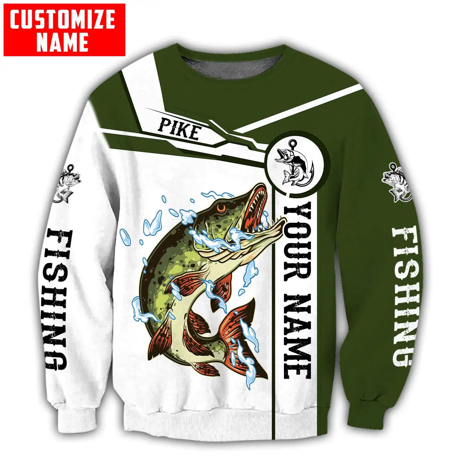 Sudadera con capucha y sudadera para hombre con estampado 3D de Pike Fishing con nombre personalizado, sudaderas con cremallera Unisex de otoño, ropa de calle informal KJ825 - imagen 4