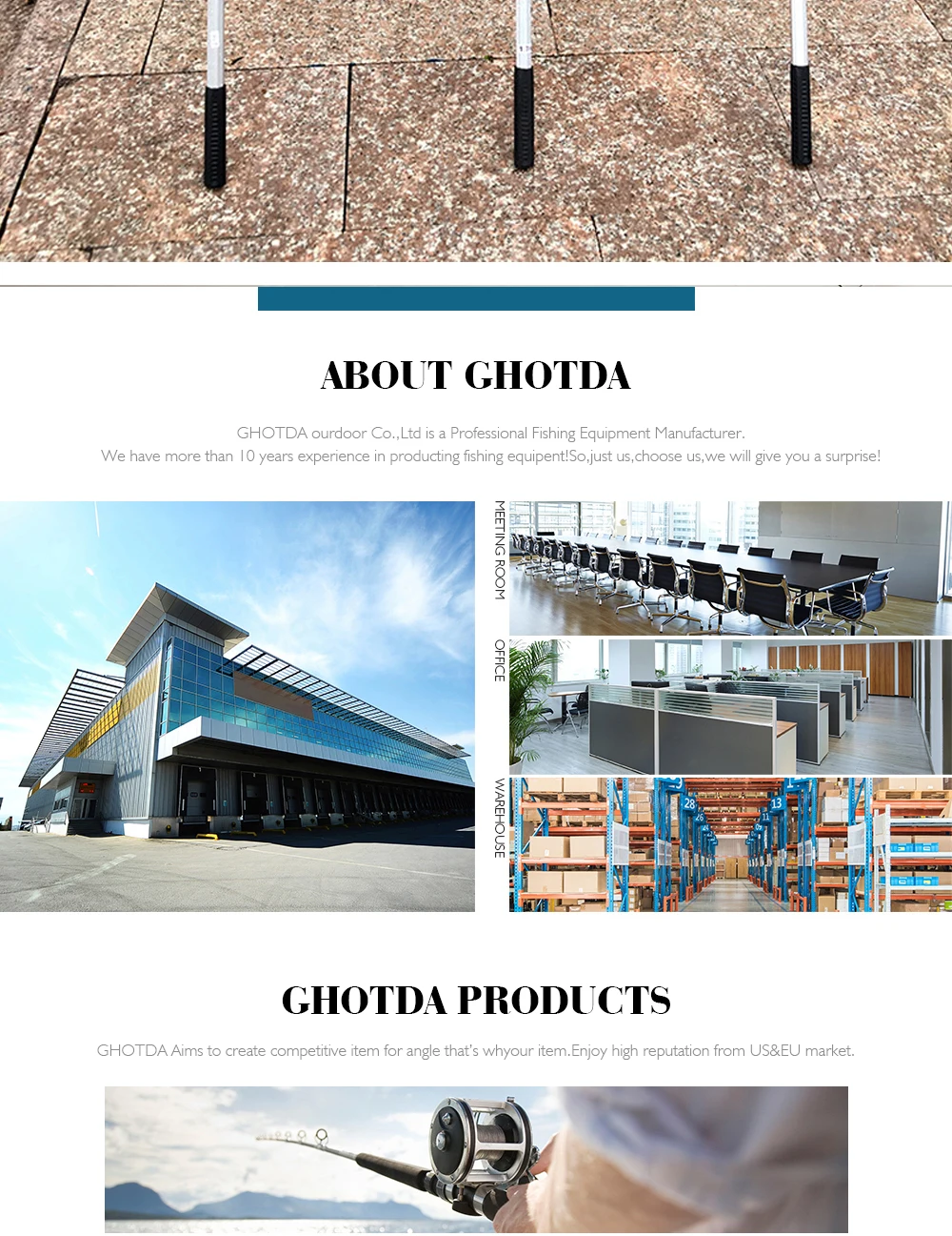 Una captura de pantalla de una página web o un folleto digital de una empresa llamada Ghotoda. La parte superior de la imagen muestra un primer plano de lo que parece una caña de pescar con un carrete, lo que sugiere que la empresa puede estar involucrada en la industria pesquera.
