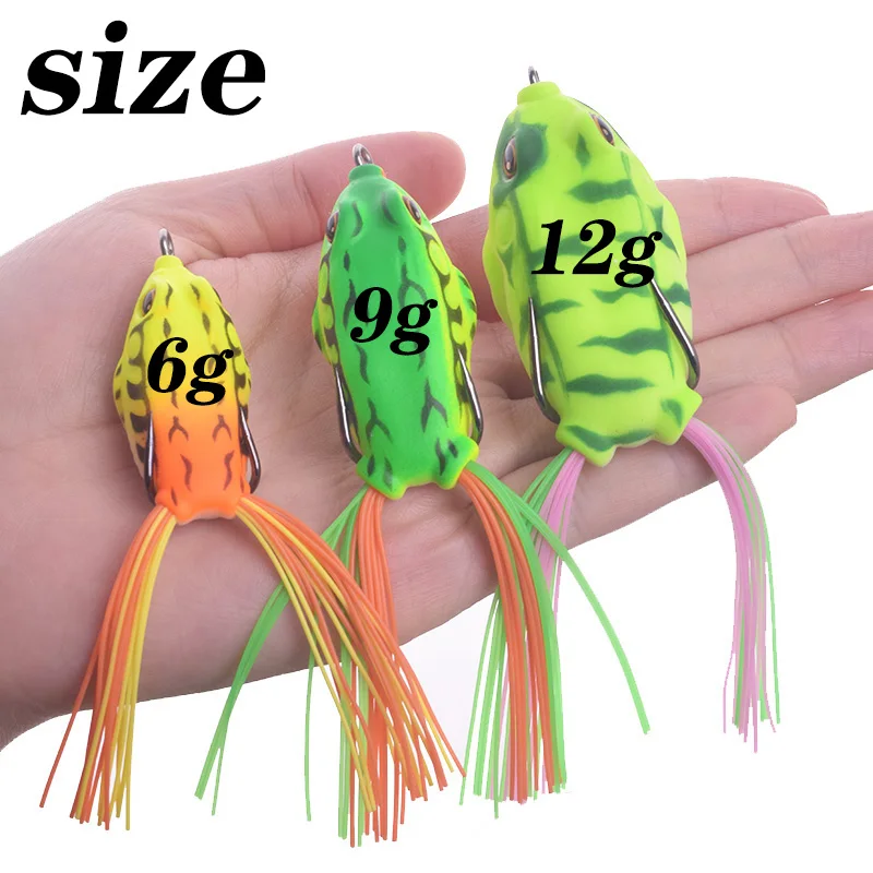 Señuelos de Pesca de rana blanda de simulación, anzuelos dobles, 6g, 9g, 12g, Topwater Ray Frog, pececillo Artificial, manivela, cebo suave, aparejos de pesca, 1 unidad - imagen 2