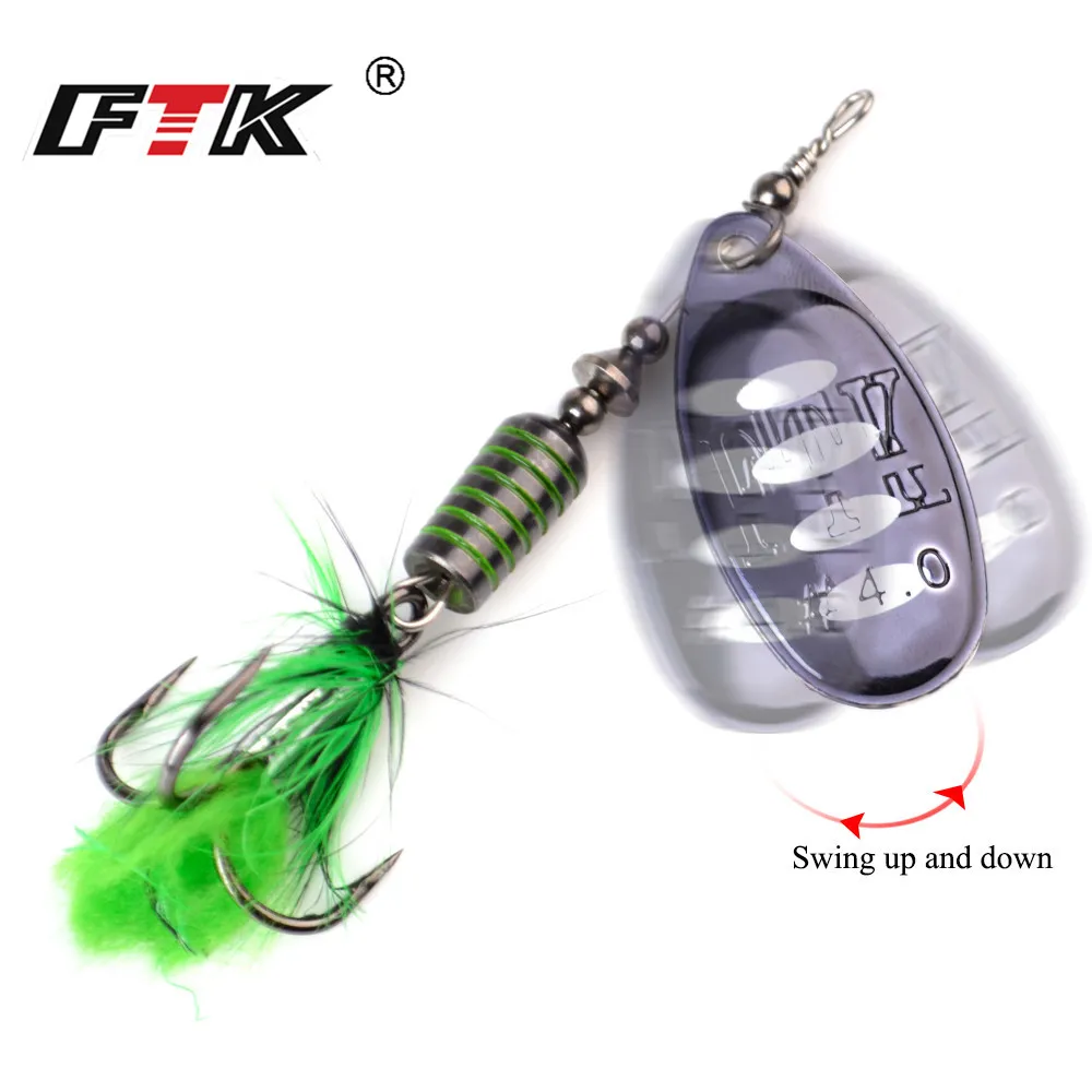 FTK-señuelo de pesca de Metal, cebo giratorio de 7,5g, 12g, 17,5g, señuelos de lubina de cuchara dura con anzuelos triples de pluma para pesca de Lucio - imagen 5