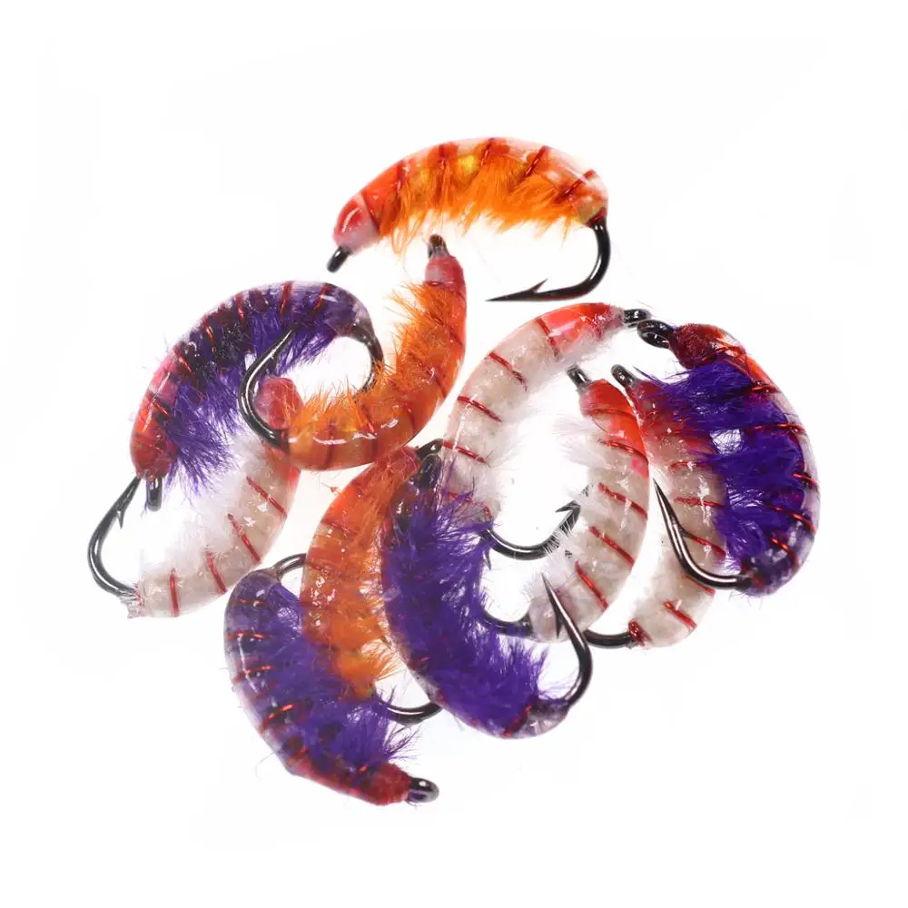 Señuelo de pesca de ninfas, cebo de ninfas, trucha, gusano, Bug, Mosca, púrpura, naranja, blanco, pesada, realista, 6 piezas, #10 - imagen 5