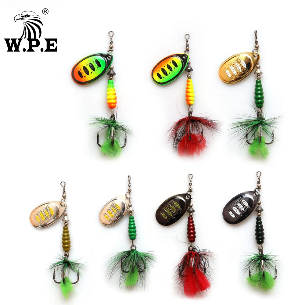 W.P.E KOMODO-señuelo giratorio de 8,5g, señuelo de pesca de cuchara de Metal de latón, pluma, gancho triple, señuelo de lubina, cebo duro, aparejos de pesca, Lucio