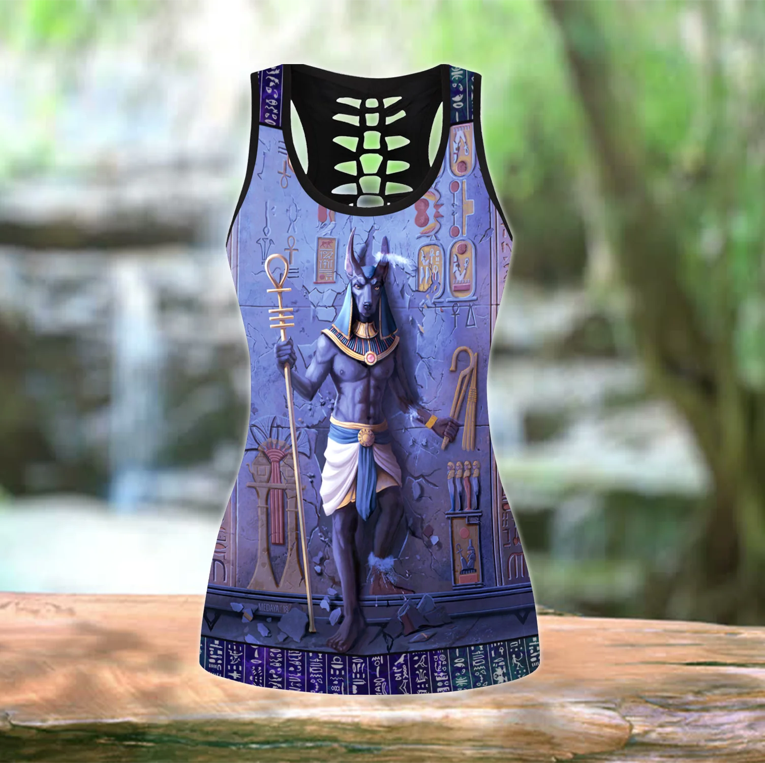 Anubis Dios azul Antiguo Egipto 3D impreso hueco camiseta sin mangas y Leggings conjunto Fitness mujer mallas de longitud completa pantalones de Yoga LKB-25 - imagen 5