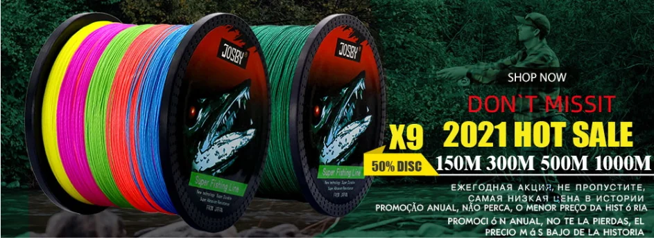 Una colección de carretes de hilo de pescar con varios colores y tamaños. Los carretes tienen la marca JOSBY y se muestran de una manera que sugiere que son parte de una venta o promoción.