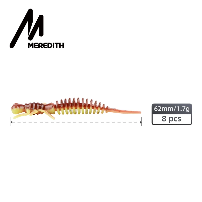 MEREDITH-Larva-cebo suave de insectos realista, gusano de trucha, señuelos de Jigging, aparejos de pesca, 1,7g, 62mm, lote de 8 Uds. - imagen 3