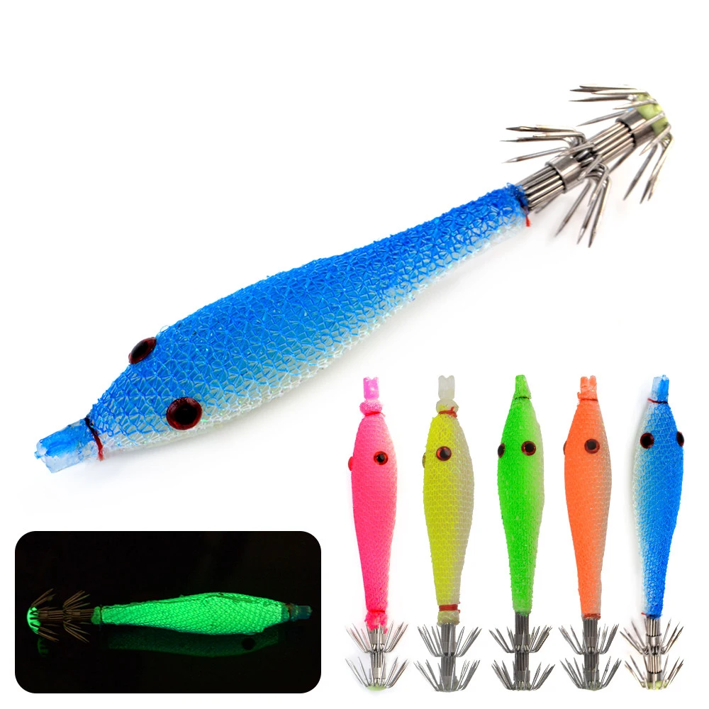 FISH KING 5 uds plantilla de calamar señuelo de pesca suave camarones de madera ojos 3D 7,8g 7cm anzuelo de calamar cebo Artificial pulpo pesca en el mar - imagen 2