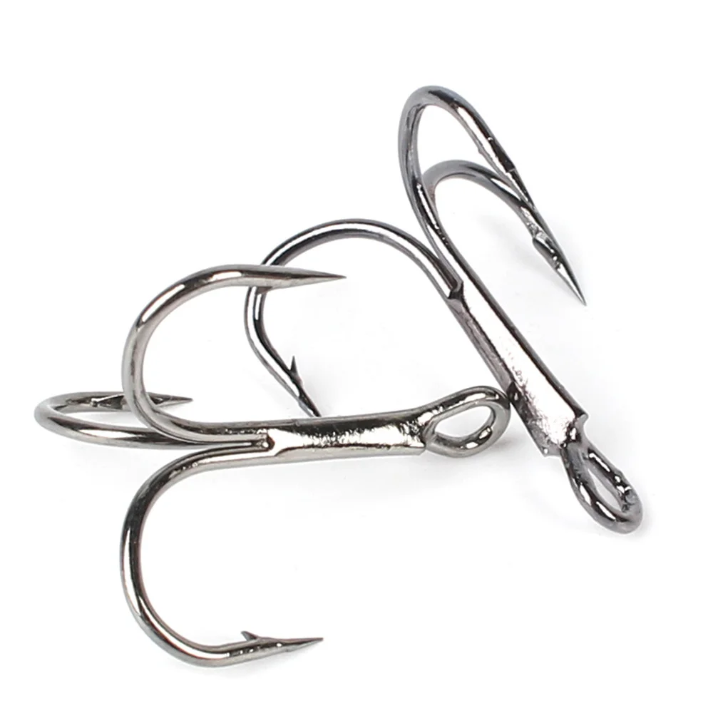 100 unids/lote 2 #   4 #   6 #   8 #   10 #   12 #   Anzuelo de pesca plateado, anzuelos triples de acero rico en carbono, aparejos de pesca, triples curvados redondos - imagen 5