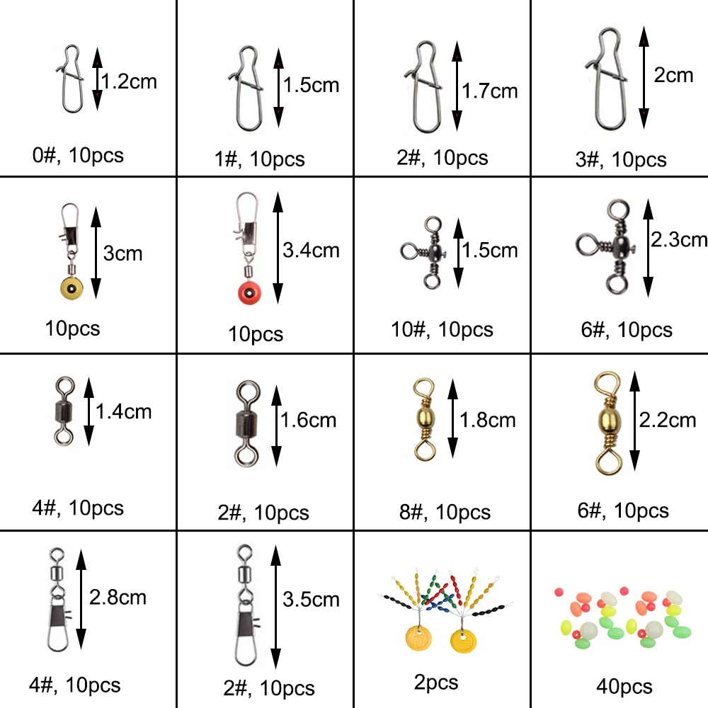 182 Uds. Giratorios de pesca, conector rodante a presión, tapón flotante, combo de cuentas de pesca con caja de pesca negra para aparejos de pesca - imagen 2