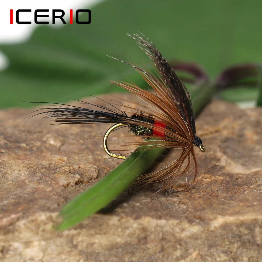 ICERIO-señuelo de pesca de trucha, cebo de mosca de pesca, color marrón, Royal Wulff, #12, 6 uds. - imagen 2