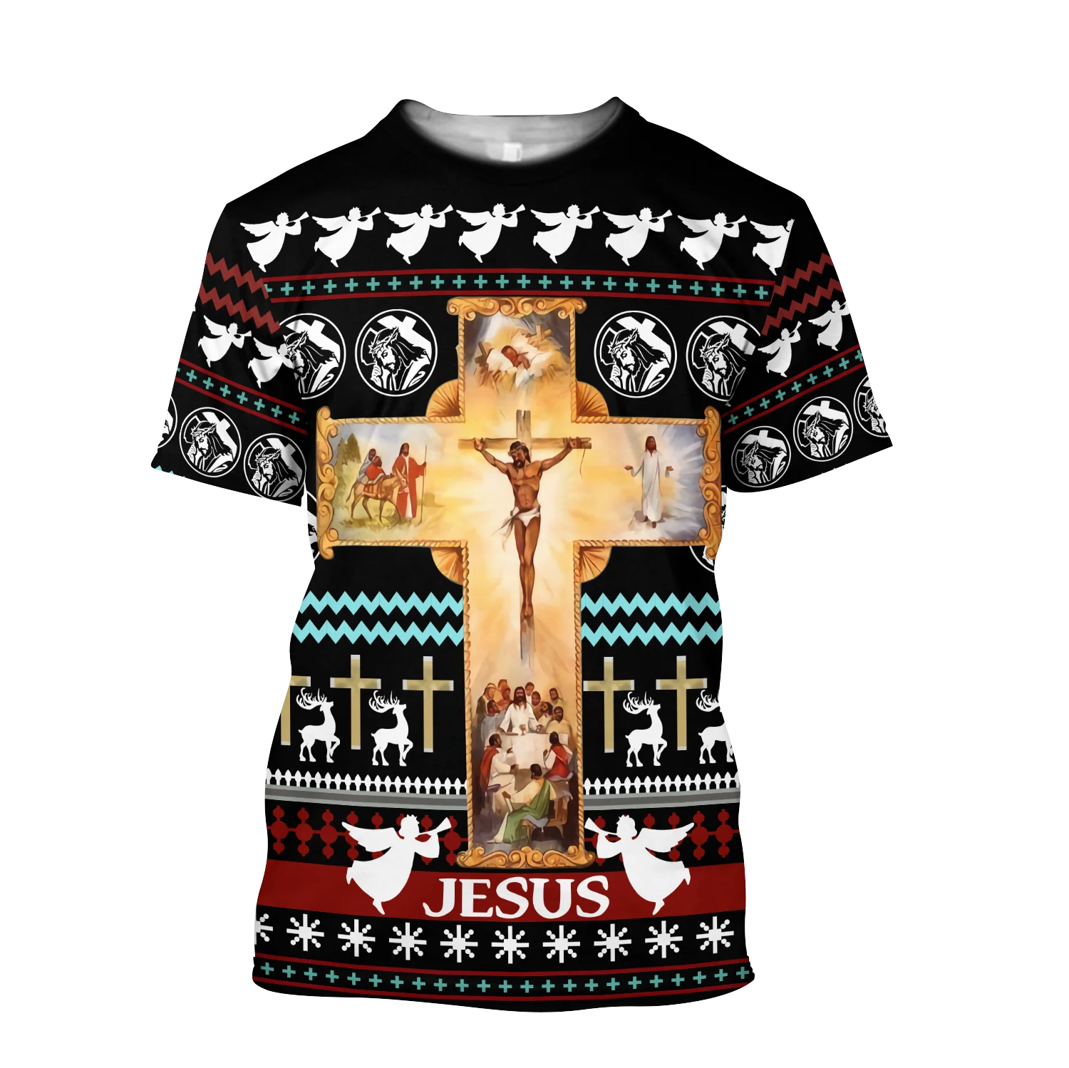 Camiseta Hipster fresca de verano para hombre, camiseta de manga corta Harajuku con estampado 3D de Feliz Navidad de Jesús, camisetas informales Unisex TX212 - imagen 3