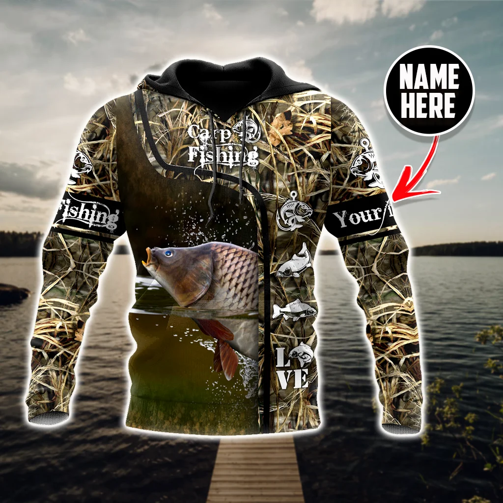 Sudadera con capucha y sudadera con estampado 3D de camuflaje para pesca de carpa con nombre personalizado para hombre, Sudadera con capucha con cremallera Unisex de otoño, chándales informales KJ784 - imagen 4