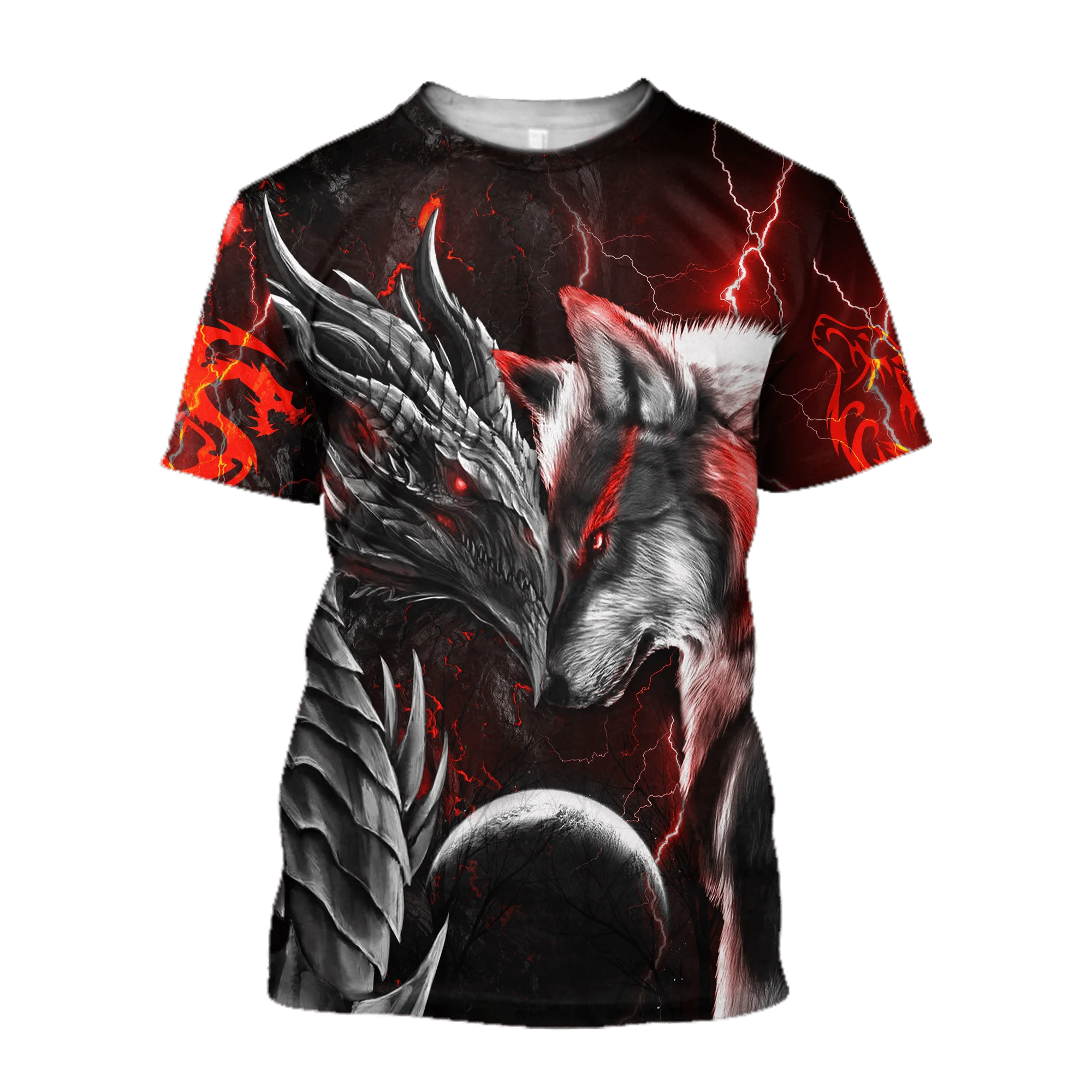 Camiseta Hipster de verano para hombre, camiseta de manga corta con estampado 3D de dragón rojo/azul y lobo, camisetas informales Unisex TX0188 - imagen 2