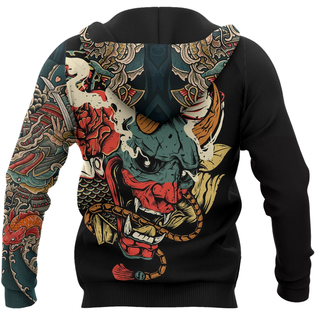 Samurai Oni Mask Tattoo 3D completamente estampado Sudadera con capucha y sudadera para hombre otoño Unisex sudaderas con cremallera ropa de calle informal KJ796 - imagen 2