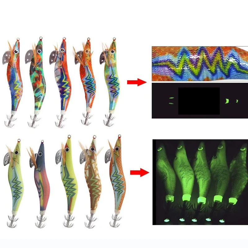Cebo de calamar luminoso para agua salada, señuelos de plantilla de camarón de madera láser brillante, anzuelos de calamar de pulpo, 12g, 14g, 10 unids/lote por bolsa - imagen 2