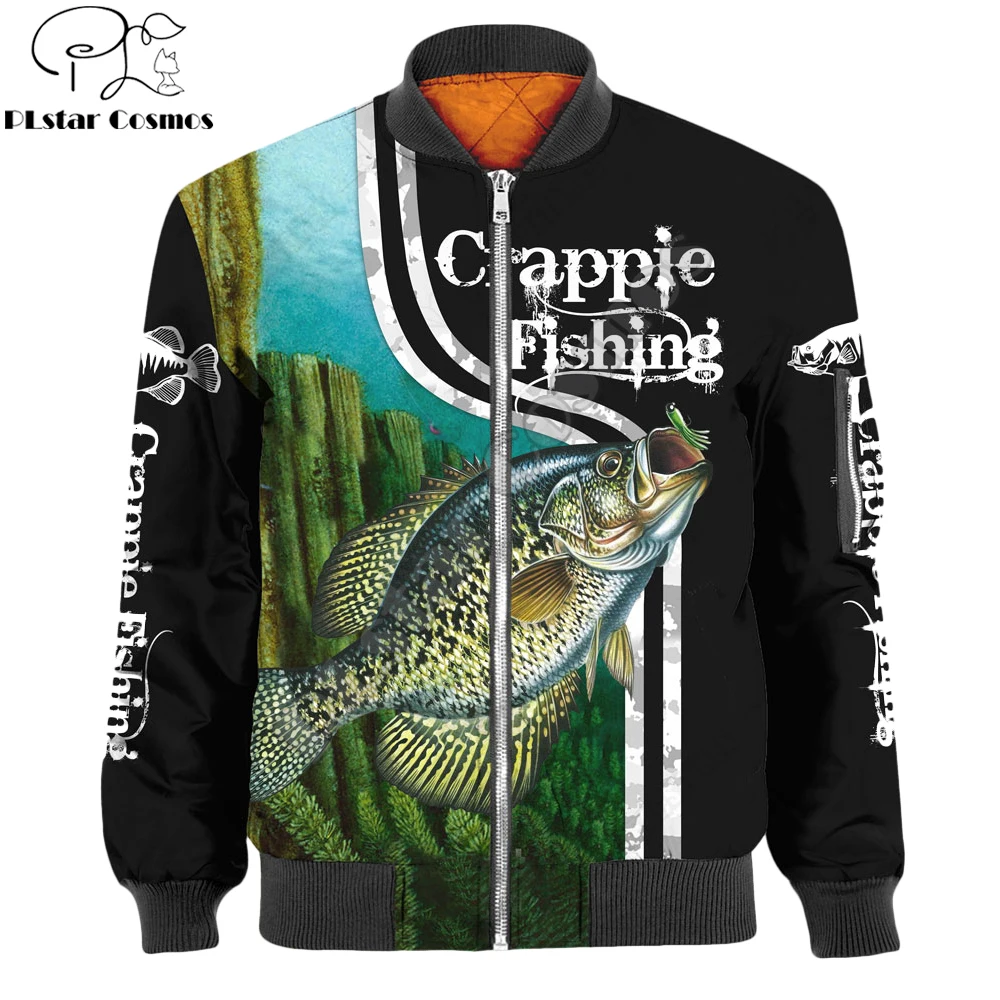 Chaqueta Bomber a la moda para hombre, pesca tipo tipo Crappie, estampado 3D, ropa de calle gruesa con bolsillo para invierno, chándal informal Unisex, chaqueta cálida con cremallera