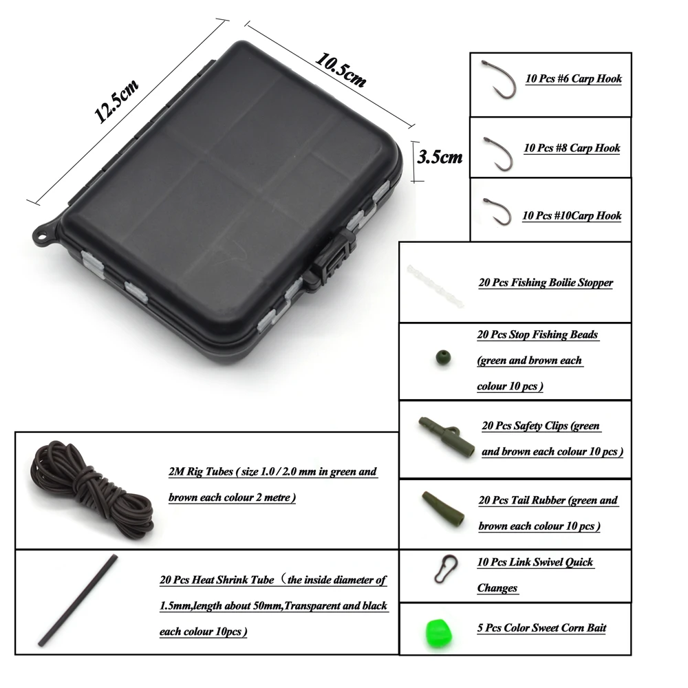 MNFT 148 unids/caja Kit de accesorios de pesca de carpa que incluyen Clips de seguridad cola de goma 2M tubos de aparejo gancho de carpa parada de cambios rápidos de calor - imagen 4
