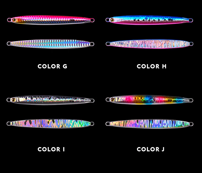 Explore los colores vibrantes de estos señuelos de pesca con color G Color H, Color I y Color J