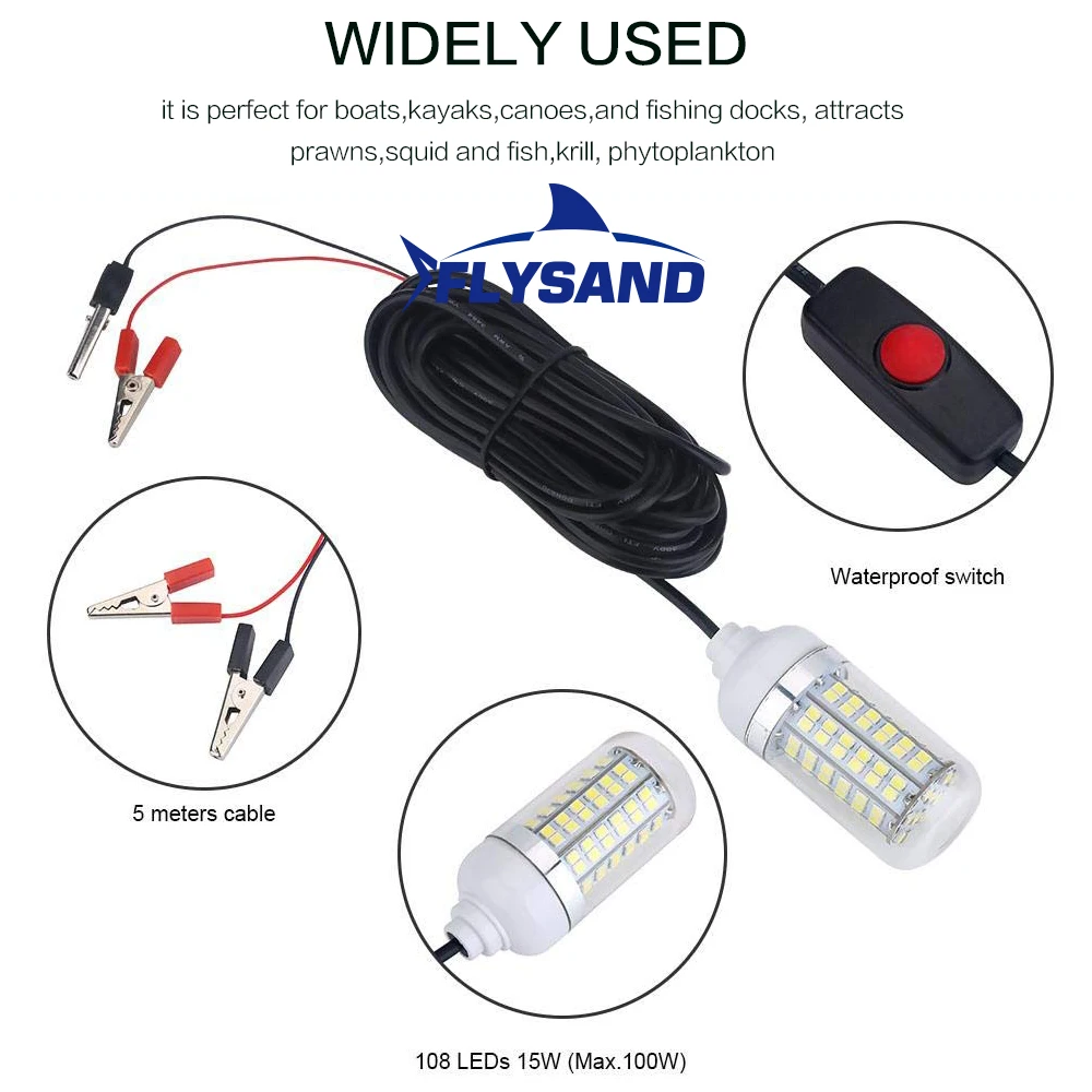 FLYSAND-Lámpara subacuática ultrabrillante, luz de pesca nocturna IP68, 12V, 15W, 108 led - imagen 4