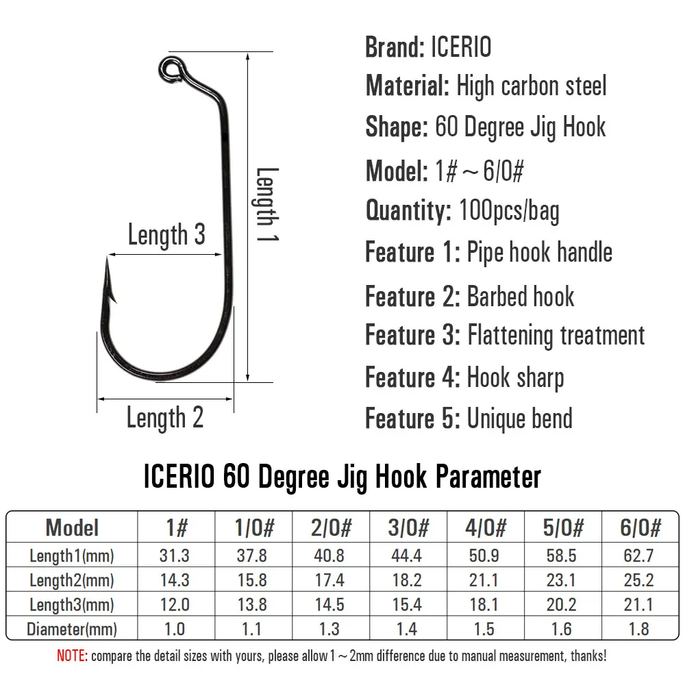 ICERIO 100 Uds. Ganchos de alambre de acero forjado de agua dulce y salada de 60 grados de acero al carbono de altura - imagen 2